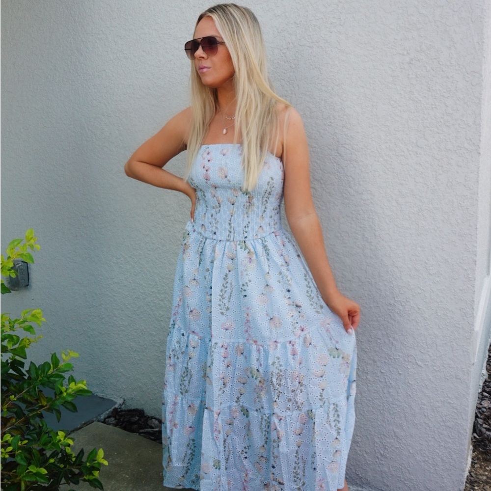 Strapless Light Blue Floral Midi Dress - Picture 4 of 4